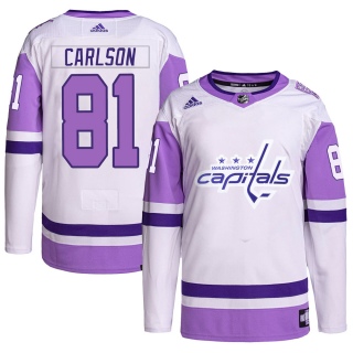 Men's Adam Carlson Washington Capitals Adidas Hockey Fights Cancer Primegreen Jersey - Authentic White/Purple