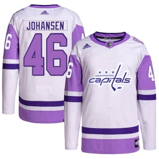 Men's Lucas Johansen Washington Capitals Adidas Hockey Fights Cancer Primegreen Jersey - Authentic White/Purple
